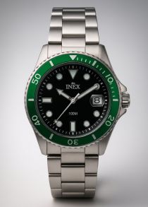 A69490-1S5P INEX Stainless Steel Dive Watch with Green Bezel – 100M Water Resistant