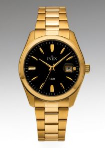 A69528D5I INEX Gold-Tone Stainless Steel Watch with Black Dial and Date Display – 100M Water Resistant
