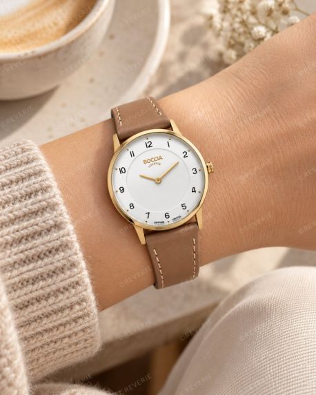Boccia Ladies Golden Titanium Sapphire Brown Leather 32mm