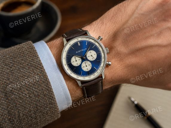 Aistrup Mens Ivory Blue Sapphire Chronograph Stitched Leather 42mm