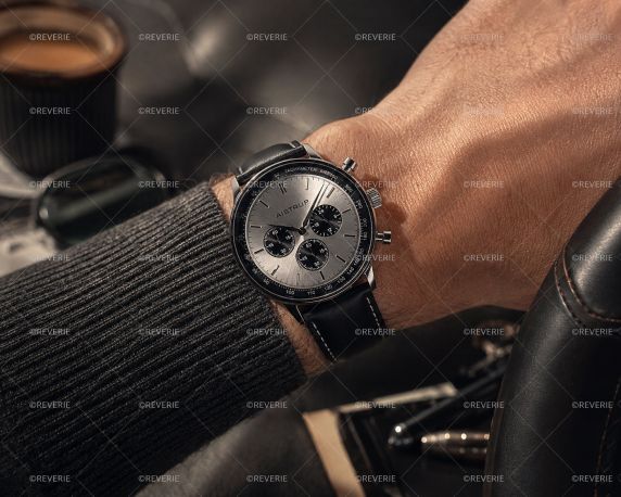 Aistrup Mens Silver Charcoal Sapphire Chronograph Stitched Leather 42mm