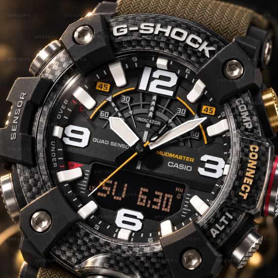 Casio G-Shock Mudmaster Carbon Watch with Green Strap and Bluetooth 51mm