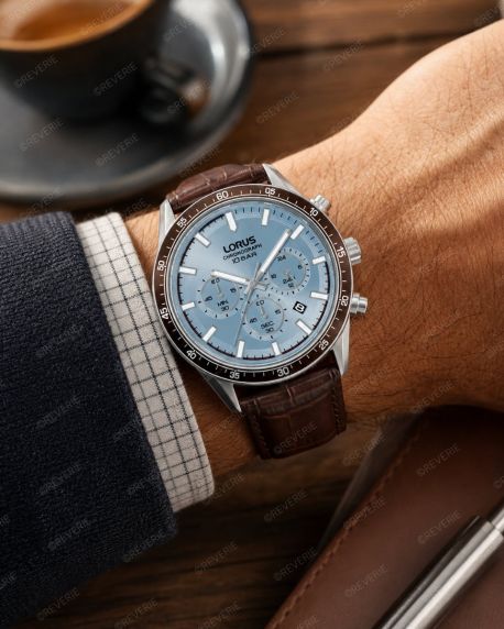 Lorus Mens Chronograph Blue Brown Leather 43mm
